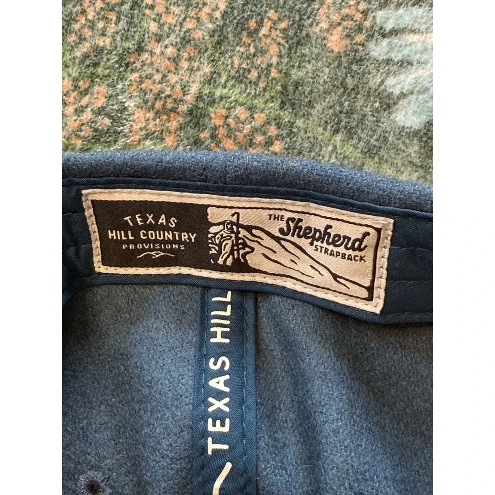Texas Hill Country Provisions The Shepherd Blue Wool Blend Strapback Hat TX Logo